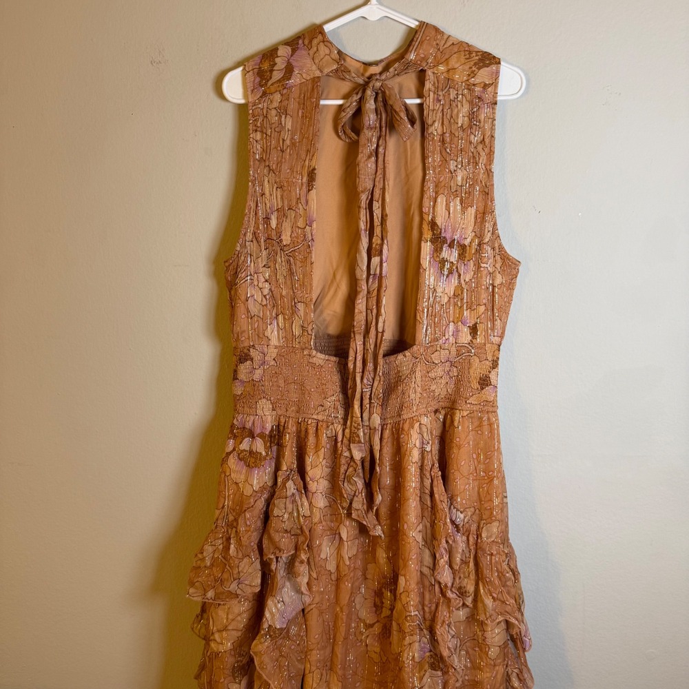 BHLDN Bronze High Neck Floral Metallic Maxi Dress XL Open Back Smocked Waist - Picture 3 of 6